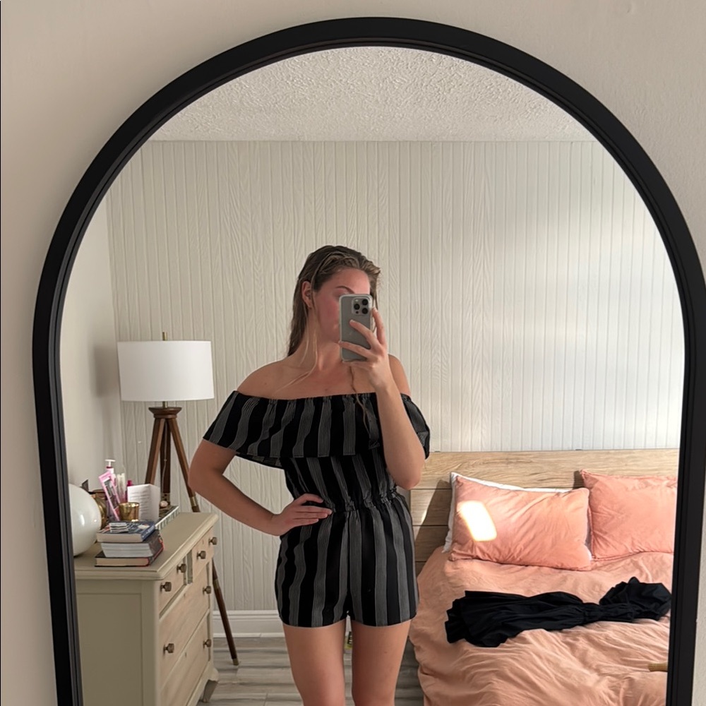 Black and Gray Striped Off-Shoulder Romper